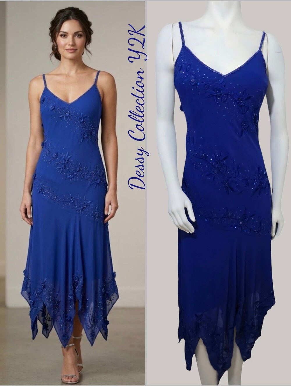 Dessy Collection Cobalt Blue Handkerchief Hem Slip Dress XL Vintage Y2K